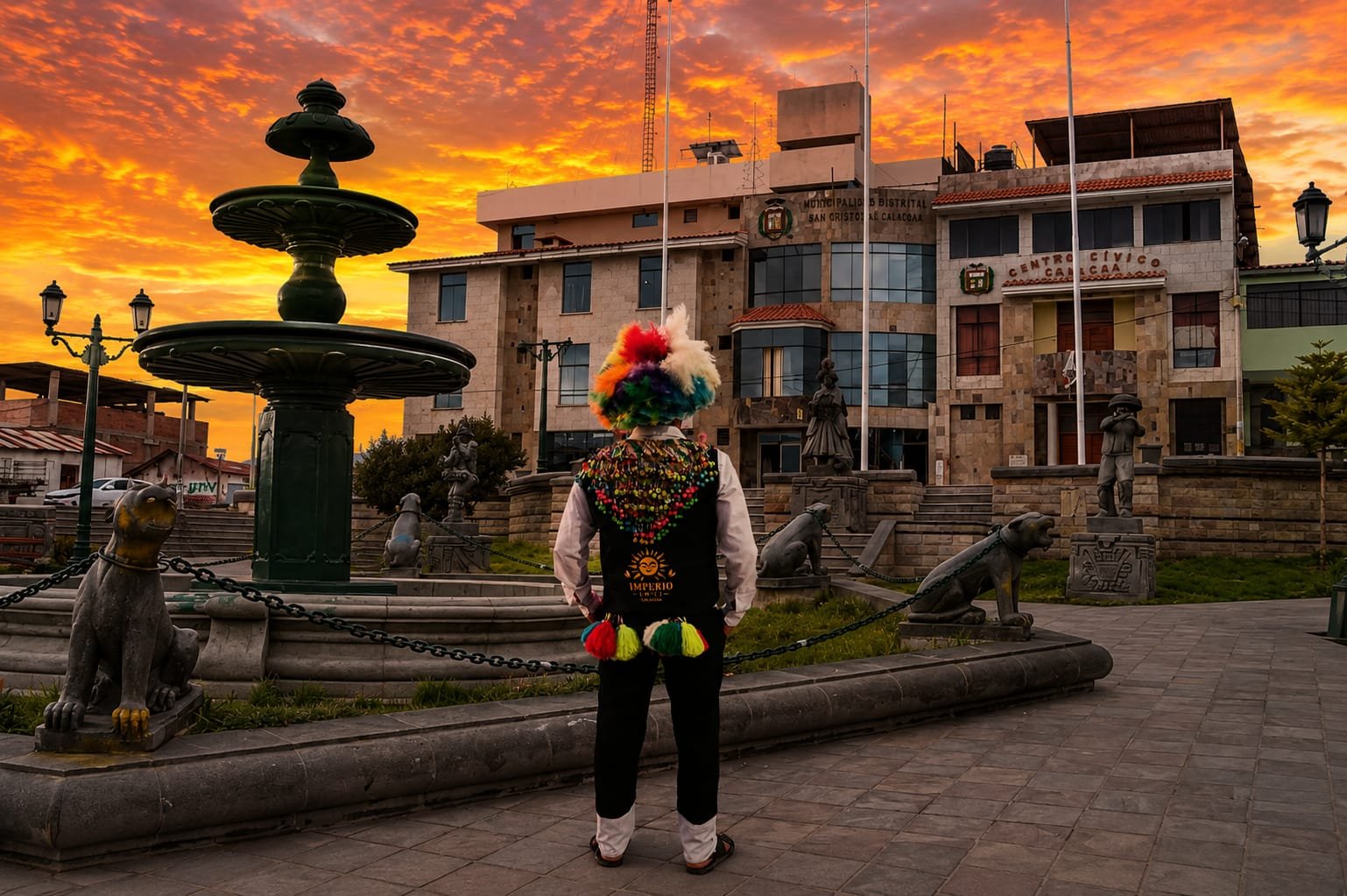 Danzantes de Los Phules con tocado de plumas coloridas